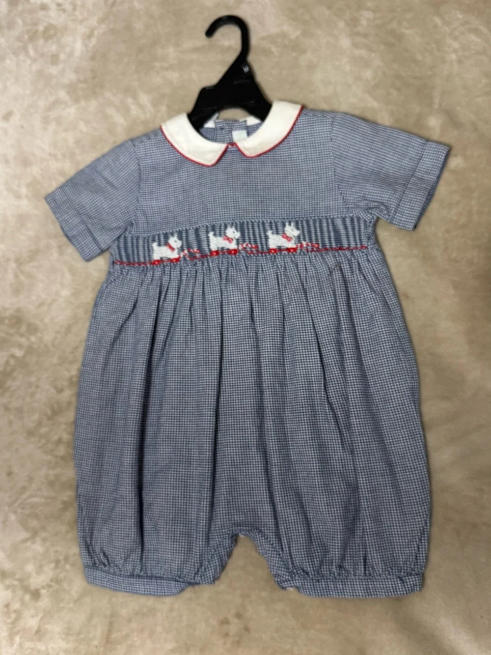 Blue Gingham Smocked Waist bubble with White Collar